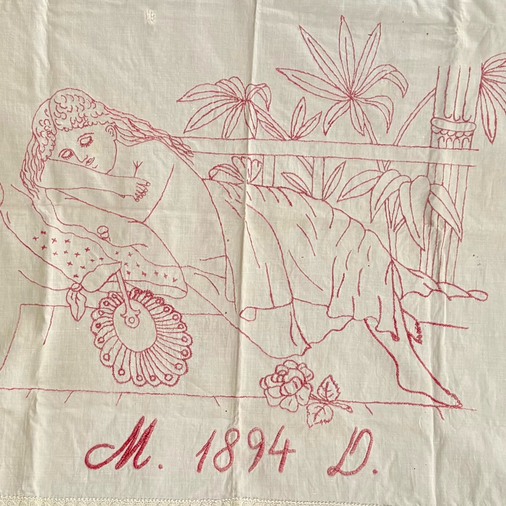 Antique 1894 Authentic European Sham with Turkish Red Work Embroidery